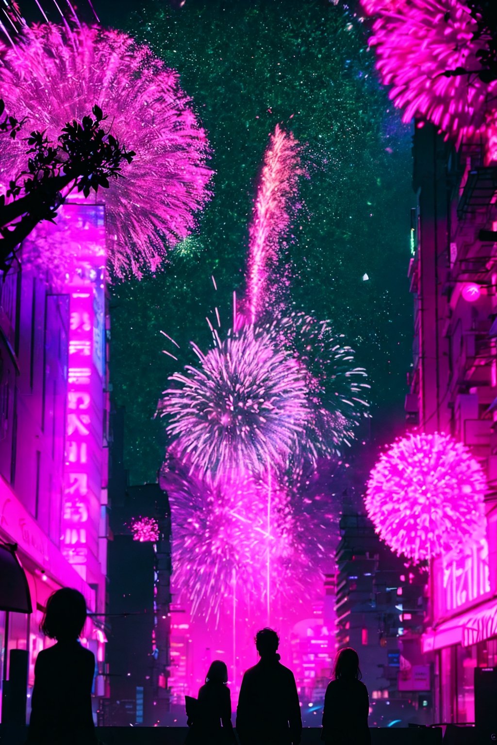 without people,flower, outdoors, sky, from behind, petals, night, plant, building, night sky, scenery, pink flower, city, facing away, fireworks,	 SILHOUETTE LIGHT PARTICLES,neon background