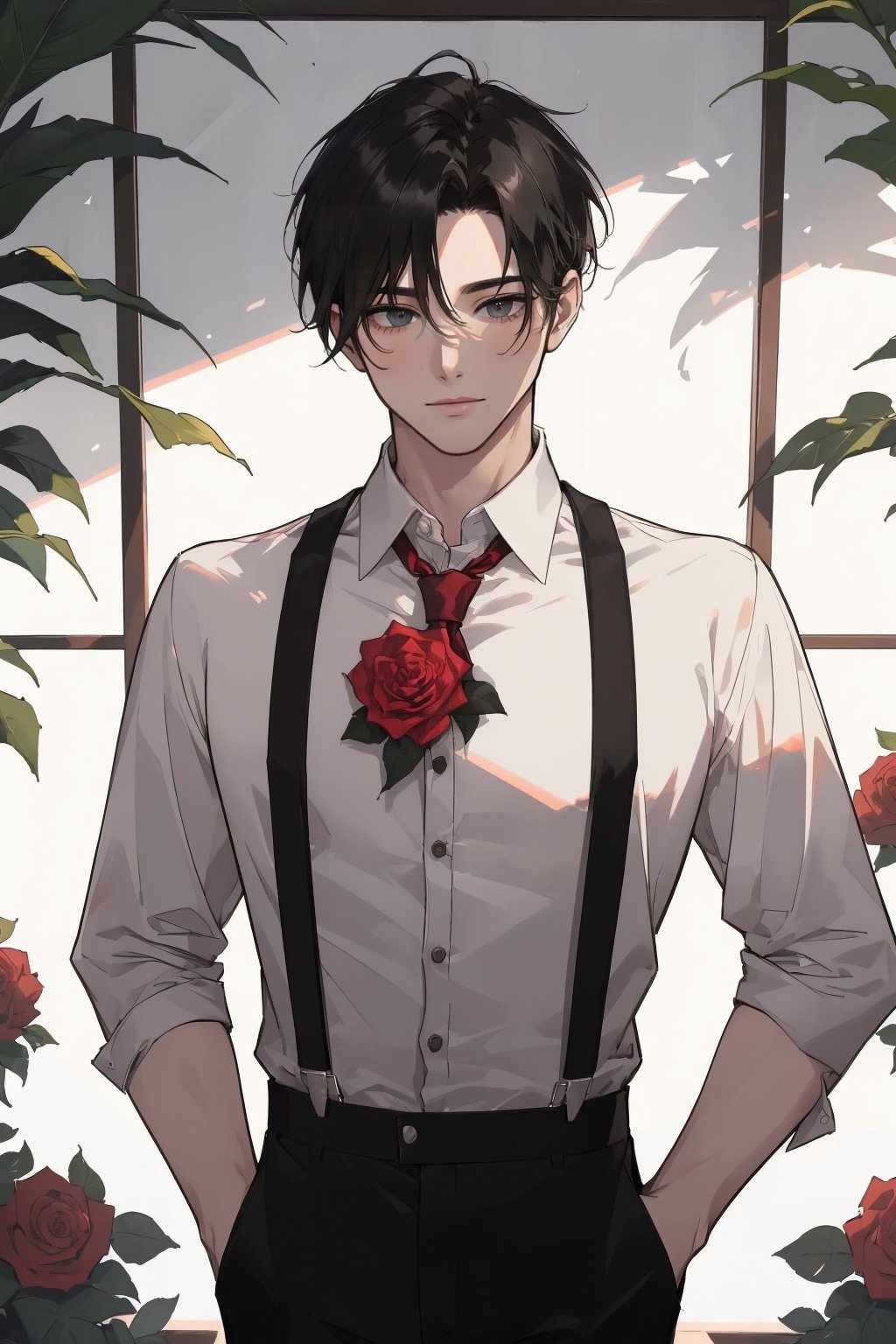 (masterpiece, best quality, highres:1.3), ( young handsome man, black hair, short hair, black eyes, glowing eyes, levi ackerman hairstyle,)  solo, looking at viewer, shirt,  white shirt, upper body, flower, male focus, open clothes, collared shirt, pants, open shirt, rose, suspenders, plant, red flower, red rose, smiling