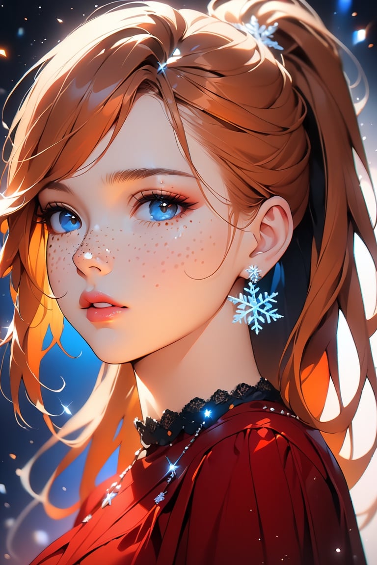 1girl, solo, ((standing: 2.5)), long hair, looking at viewer, blush, bangs, hair ornament, jewelry, blue eyes, ponytail, orange straight hair, earrings, parted lips, blurry, lips, ((red dress: 1.1)), eyelashes, portrait, light particles, ((masterpiece: 2)), excellent quality, light particles, ((freckles: 1.5)), snowflakes, ((stunning_image: 1.5)), ((magma drops in air: 1)), medium long shot.,Ink art,Eyes