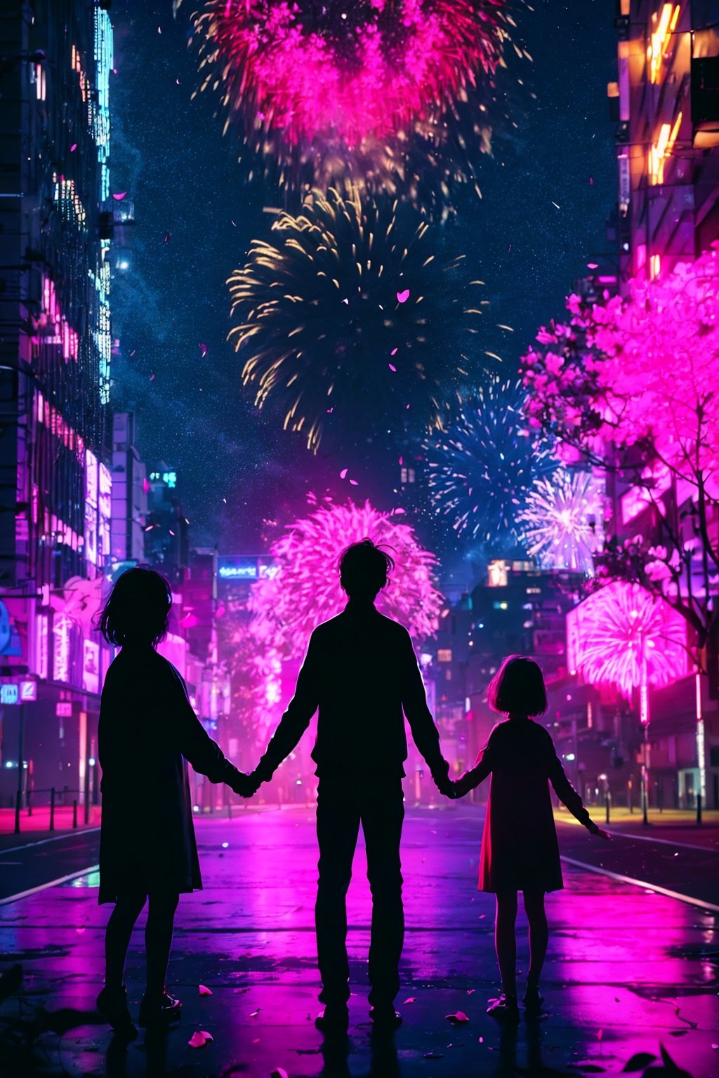 3 persons(1girl,1littleboy,1man),long girl hair, 1girl, shirt, red girl hair, 1littleboy, black boy hair, 1bigman, black man hair (holding hands ), flower, outdoors, sky, from the front, petals, night, plant, building, night sky, scenery, pink flower, city, facing away, fireworks,	 SILHOUETTE LIGHT PARTICLES,neon background