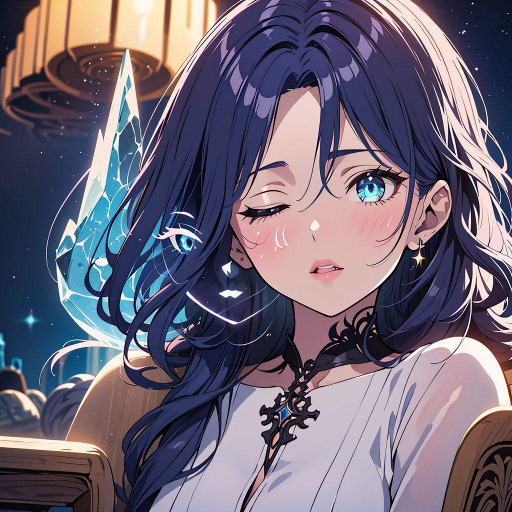 1girl,solo,best quality,highres,ultra-detailed,high_resolution,ultra-detailed,best quality, ultra realistic, 8k resolutions ,masterpiece, beautiful lips,detailed eyes,Detailed Hair,long hair,longhair,full_body,((Blue Hair)),Sitting in a chair with crystals around her,low_angle,dynamic_pose,full_body,(illustration:0.8),
 (beautiful detailed eyes:1.6), (perfect hands, perfect anatomy),extremely detailed face, perfect lighting,((long hair )),starry sky, ,Dungeon, cave with crystal walls ,sparky magic-energy, strong wind, sky full of stars and nebula background,White Dress,ExtraFacesRanni,IncrsRnnThWtch,ranni the witch, doll_joints
