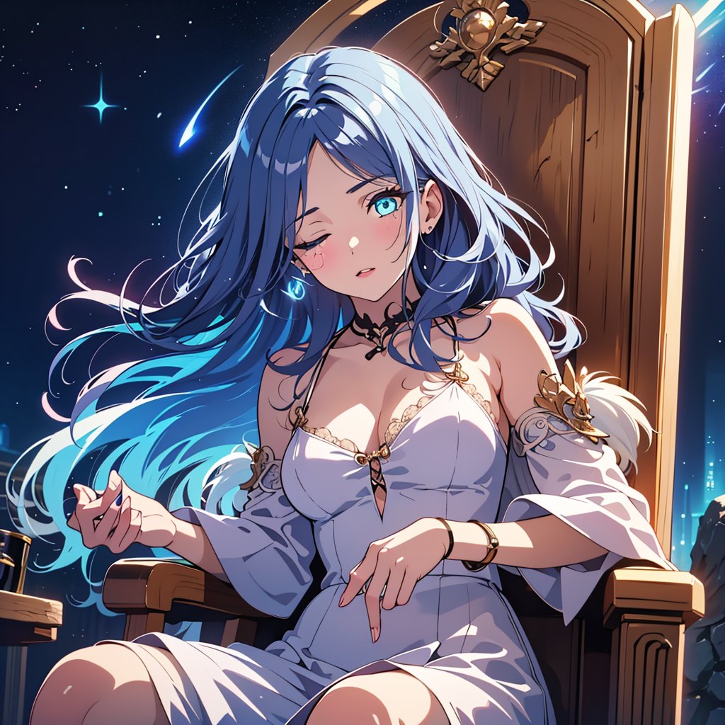 1girl,solo,best quality,highres,ultra-detailed,high_resolution,ultra-detailed,best quality, ultra realistic, 8k resolutions ,masterpiece, beautiful lips,detailed eyes,Detailed Hair,long hair,longhair,full_body,((Blue Hair)),Sitting in a chair with crystals around her,low_angle,dynamic_pose,full_body,(illustration:0.8),
 (beautiful detailed eyes:1.6), (perfect hands, perfect anatomy),extremely detailed face, perfect lighting,((long hair )),starry sky, ,Dungeon, cave with crystal walls ,sparky magic-energy, strong wind, sky full of stars and nebula background,White Dress,ExtraFacesRanni,IncrsRnnThWtch,ranni the witch, doll_joints