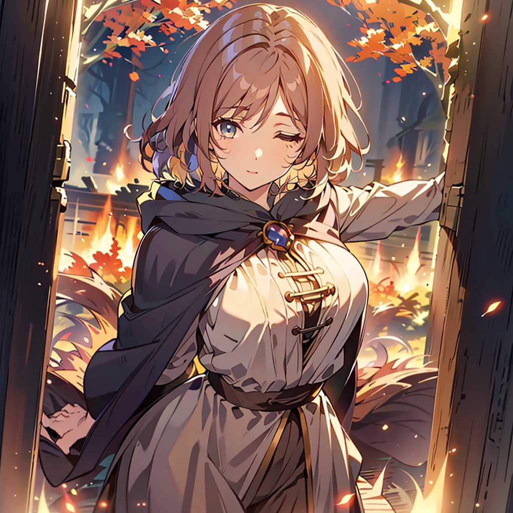 1girl,solo,best quality,highres,ultra-detailed,high_resolution,ultra-detailed,best quality, ultra realistic, 8k resolutions ,masterpiece, beautiful lips,detailed eyes,Detailed Hair,short hair,longhair,((full_body)),Big golden tree with golden leaves in the background,((low_angle)),dynamic_pose,full_body,(illustration:0.8),
 (beautiful detailed eyes:1.6),((pale skin 1,5)), (perfect hands, perfect anatomy),extremely detailed face, perfect lighting,((short hair )),,Left eye closed ,melina \(elden ring\),Melina,cloak,Fire in the background,((arms behind head)),,Girl on fire,Flowing Cloak,Walking,Taking off the hood,hood,Boots,Long dress,melina (elden ring)