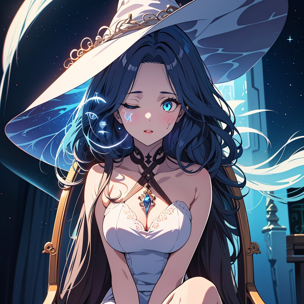 1girl,solo,best quality,highres,ultra-detailed,high_resolution,ultra-detailed,best quality, ultra realistic, 8k resolutions ,masterpiece, beautiful lips,detailed eyes,Detailed Hair,long hair,longhair,full_body,((Blue Hair)),Sitting in a chair with crystals around her,low_angle,dynamic_pose,full_body,(illustration:0.8),
 (beautiful detailed eyes:1.6),((pale skin 1,5)), (perfect hands, perfect anatomy),extremely detailed face, perfect lighting,((long hair )),starry sky, ,Dungeon, cave with crystal walls ,sparky magic-energy, strong wind, sky full of stars and nebula background,White Dress,ExtraFacesRanni,IncrsRnnThWtch,ranni the witch, doll_joints,White hat,bluish skin