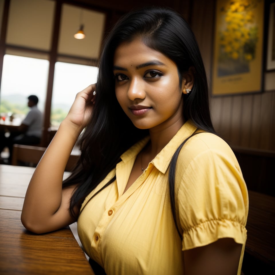 A 21-year-old sri lankan girl with long and flowing black hair and striking black eyes. She should have a natural, approachable expression and be illuminated by soft, wearing a yellow dress, golden-hour sunlight. The background should be a scenic indoor setting, coffee shop with a bunch of yellow flower on the table. Capture this image with a high-resolution photograph using an 85mm lens for a flattering perspective