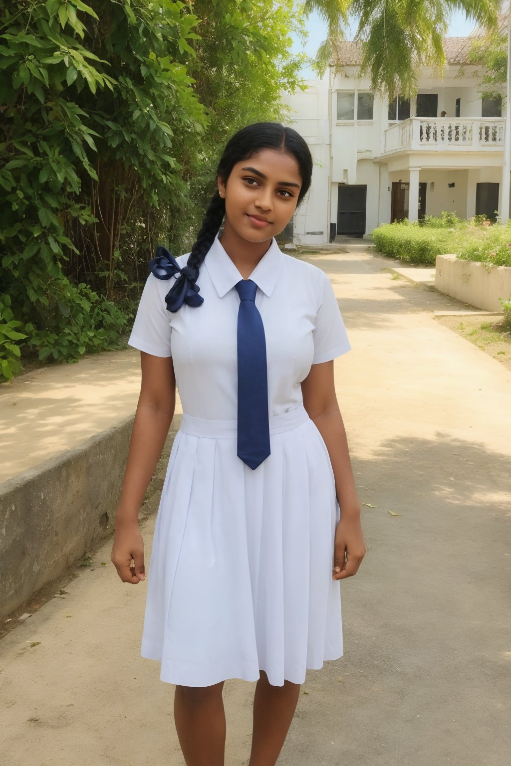 (full body shot:1.5), (Masterpiece:1.1), she is in standing position, 1girl, solo girl, 16 year old girl, ultra realistic face, hyperrealistic, hyperdetailed, perfect beauty, (looking at viewers), one girl around 15 years, ((masterpiece, best quality)), beautiful cute Sri Lankan school girl, very fair skin tone,  [[dress in white very long mid frock with collar, wearing a bra and below hip pleated frock]] [tie with blue and white strips], wearing short socks and white sneakers, 16 years old, She has plaits, black braided long hair, curvy body, small hips, sexy thigh, up skirt, cinematic lighting, glowing, movie filter, moody effect, thick body, beautiful Indian face, tanned skin, dark skin, oily sweaty skin, Masterpiece, boobs , school girl  uniform, Sri Lankan, white very mid long frock,