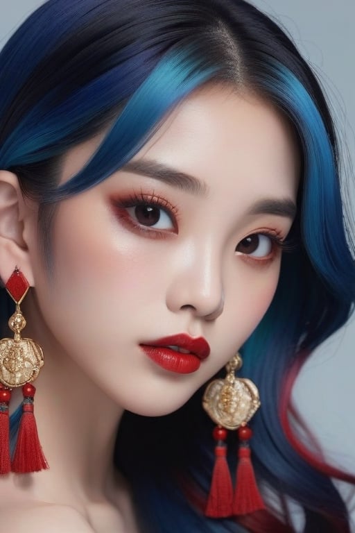 1 chinese girl, solo, long hair, looking at viewer, black hair, jewelry, closed mouth, blue hair, red hair, multicolored hair, earrings, mole, black eyes, lips, streaked hair, gradient, gradient background, mole under eye, makeup, lipstick, portrait, forehead, red lips