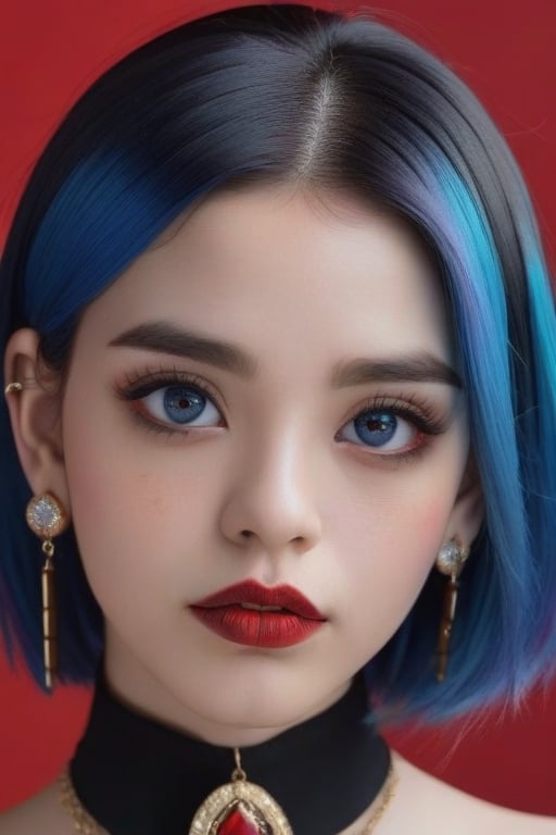 1girl, solo, long hair, looking at viewer, black hair, jewelry, closed mouth, blue hair, red hair, multicolored hair, earrings, mole, black eyes, lips, streaked hair, gradient, gradient background, mole under eye, makeup, lipstick, portrait, forehead, red lips