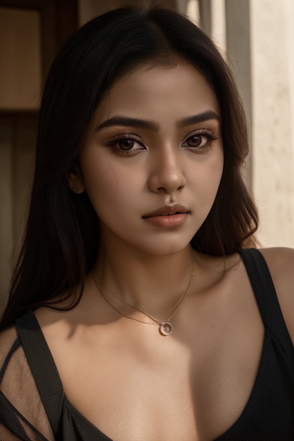 "Same face girl name Aria, round face, very dark Indian girl, Instagram influencer, black long hair, shiny juicy lips, brown eyes cute, 18 year old girl, photorealistic, portrait, extreme realism, spending time with friends."