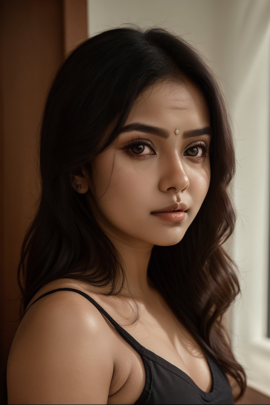 "Same face girl name Aria, round face, very dark Indian girl, Instagram influencer, black long hair, shiny juicy lips, brown eyes cute, 18 year old girl, photorealistic, portrait, extreme realism, doing yoga."