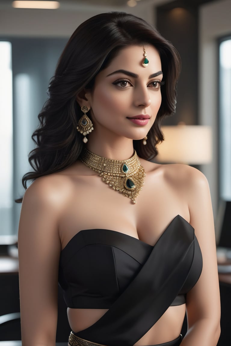 Vertical hyper-realistic portrait of a stunning Indian woman in her 40s, adorned with a choker belt, flaunting a striking wolf cut black hairdo, trending on ArtStation. She poses confidently in a luxurious office setting, donning a elegant saree that accentuates her curvaceous figure (36D). Her fair skin glows under the soft fairy tone lighting, and her determined gaze exudes a flirty charm reminiscent of Anne Hathaway. The sleek, modern composition draws attention to her flawless features, creating an unforgettable visual masterpiece.