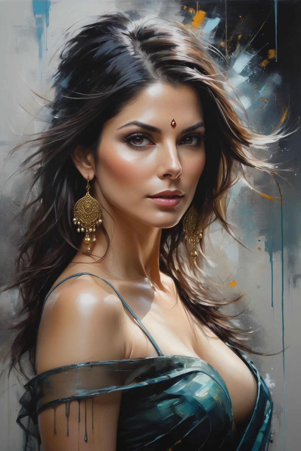 oil painting, heavy brushstrokes, paint drips, a breathtaking portrait of a Mozart, female, Sandra Bullock, action pose, medium long fuzzy hair, perfect symmetric eyes,gorgeous face, by Jeremy Mann, Carne Griffiths, Robert Oxley, rich, deep colors,layered image shaded by cells, golden ratio, award winning, professional,highly detailed, intricate, volumetric lighting, gorgeous, masterpiece, sharp focus, depth of field, perfect composition, award winner, artstation, acrylic painting create a hyper realistic vertical photo of Indian most attractive woman in her 40s, Trendsetter wolf cut black hair, trending on artstation, portrait, digital art, modern, sleek, highly detailed, formal, determined, 38C, fairy tone, blouse and transparent saree, 