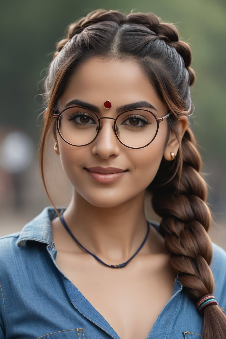 Prompt: Captured in stunning 8K resolution, this mesmerizing portrait features a 36-year-old Kashmiri woman, donning big eye glasses and sporting twin tail ponytails. Her long, brown hair is adorned with braids, framing her striking features. She poses confidently outdoors, wearing denim jeans and sandals, with a subtle smile playing on her lips. The camera's focus is trained on her captivating eyes, perfectly framed by the 50mm lens. The subject's T-shaped navel adds a touch of elegance to the overall composition.