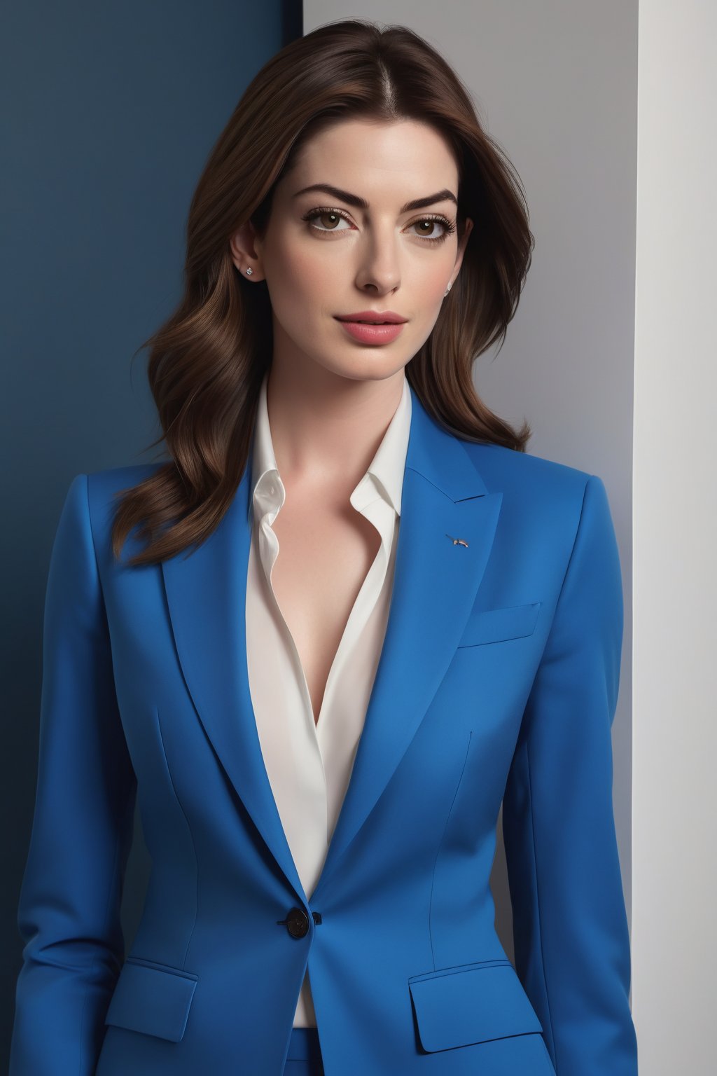 Anne Hathaway-inspired beauty, rendered in breathtaking hyper-realism. A stunning Indian woman in her 30s, donning a trendy wolf cut with rich brown locks, stands out as a trendsetter. Framed by a crisp white background, she poses confidently in a tailored blue business suit, exuding determination. Her piercing eyes, perfectly symmetrical and framed by luscious lashes, seem to bore into the soul. The soft, natural skin texture glows under the subtle light, casting no harsh shadows. The focus is razor-sharp, with high contrast and cinematic lighting creating an almost 3D effect. Shot in 8K HDR using a DSLR, this masterpiece features film grain reminiscent of a Fujifilm XT3. A true work of art, destined to trend on ArtStation and embody the essence of modern digital art.