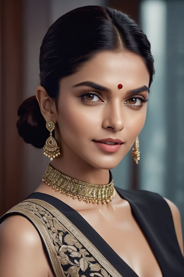 Deepika Padukone, create a hyper realistic vertical photo of Indian most attractive woman in her 40s, choker belt, Trendsetter wolf cut black hair, trending on artstation, portrait, digital art, modern, sleek, highly detailed, formal, determined, wearing saree, in luxurious office, 36D , fairy tone, fair skin, flirty gaze, 