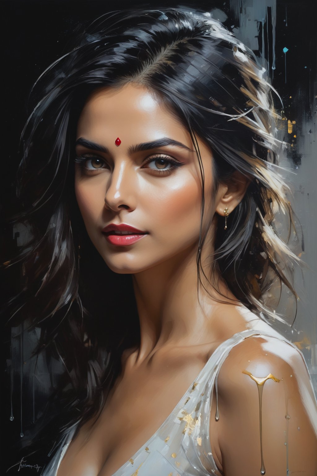 oil painting, heavy brushstrokes, paint drips, a breathtaking portrait of a Mozart, female, Deepika Padukone, action pose, medium long fuzzy hair, perfect symmetric eyes,gorgeous face, by Jeremy Mann, Carne Griffiths, Robert Oxley, rich, deep colors,layered image shaded by cells, golden ratio, award winning, professional,highly detailed, intricate, volumetric lighting, gorgeous, masterpiece, sharp focus, depth of field, perfect composition, award winner, artstation, acrylic painting create a hyper realistic vertical photo of Indian most attractive woman in her 40s, Trendsetter wolf cut black hair, trending on artstation, portrait, digital art, modern, sleek, highly detailed, formal, determined, 38C, fairy tone, Naked