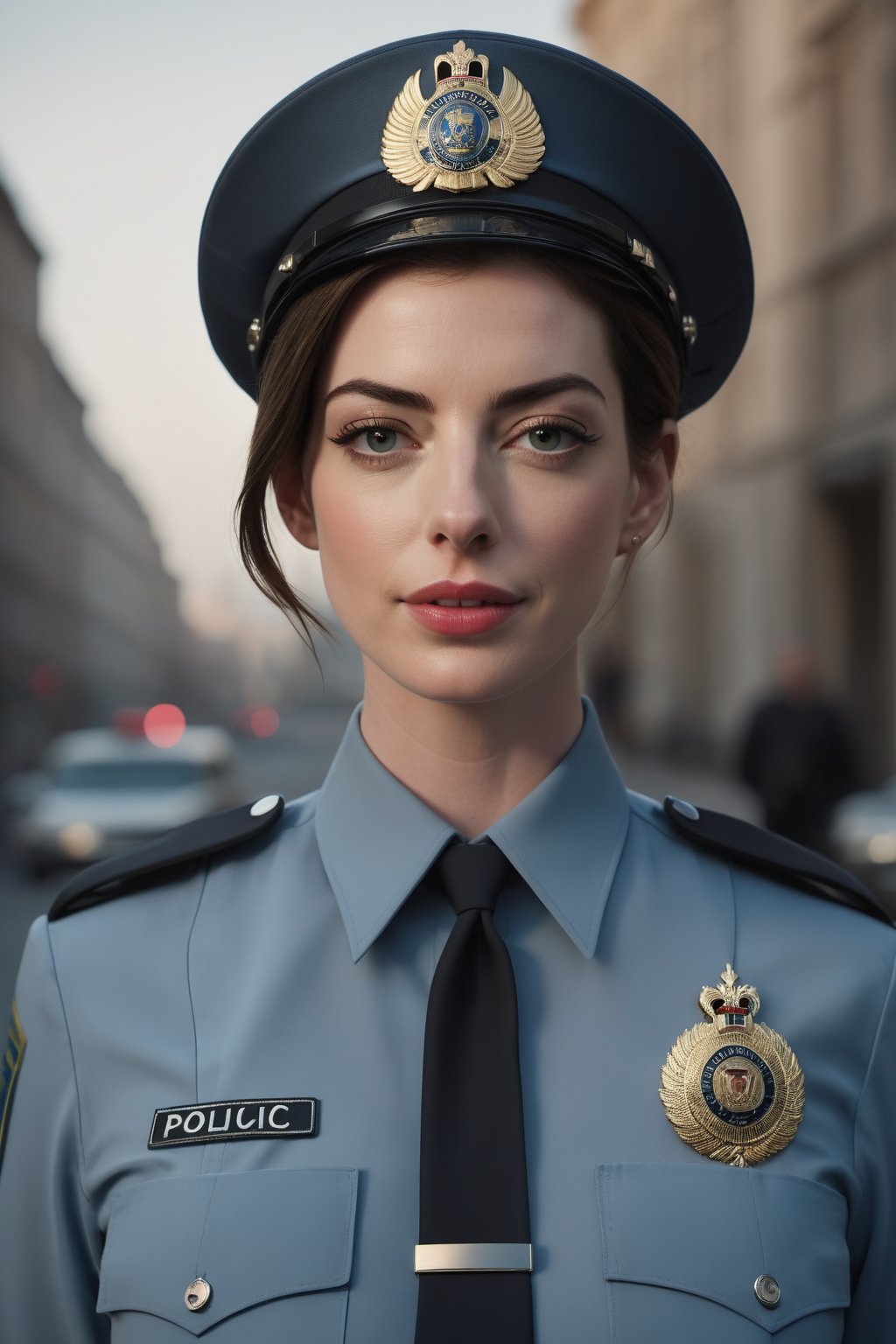 Anne Hathaway as a Russian female police officer poses confidently in front of a subtle cityscape backdrop. Soft, sharp light wraps around her face and body, accentuating the definition of her C-cup breasts and toned buttocks. Her eyes, perfectly symmetrical and expressive, seem to pierce through the lens. The Fujifilm XT3 captures every detail with high-quality, 8K HDR precision, rendering a cinematic scene with film grain texture, high contrast, and breathtaking beauty.