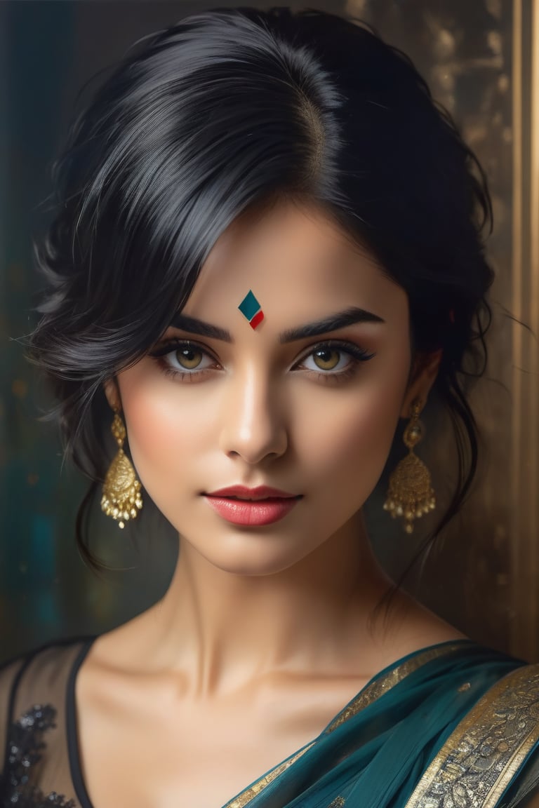 A breathtaking portrait of a Mozart-inspired woman, dressed in a stunning blouse and transparent saree, with Trendsetter wolf cut black hair. She composes music with intense focus, her medium-long fuzzy hair framing her face. Her perfect symmetric eyes gaze directly into the camera, while her gorgeous face radiates determination.

Golden light falls upon her from above, accentuating the volumetric lighting that adds depth and dimensionality to the image. The background is blurred, creating a shallow depth of field that draws attention to the subject's sharp features.

Jeremy Mann, Carne Griffiths, and Robert Oxley would be proud of this masterclass portrait, with its layered shading, intricate details, and rich, deep colors. This highly realistic digital artwork is reminiscent of an oil painting, with heavy brushstrokes and paint drips adding texture to the image.