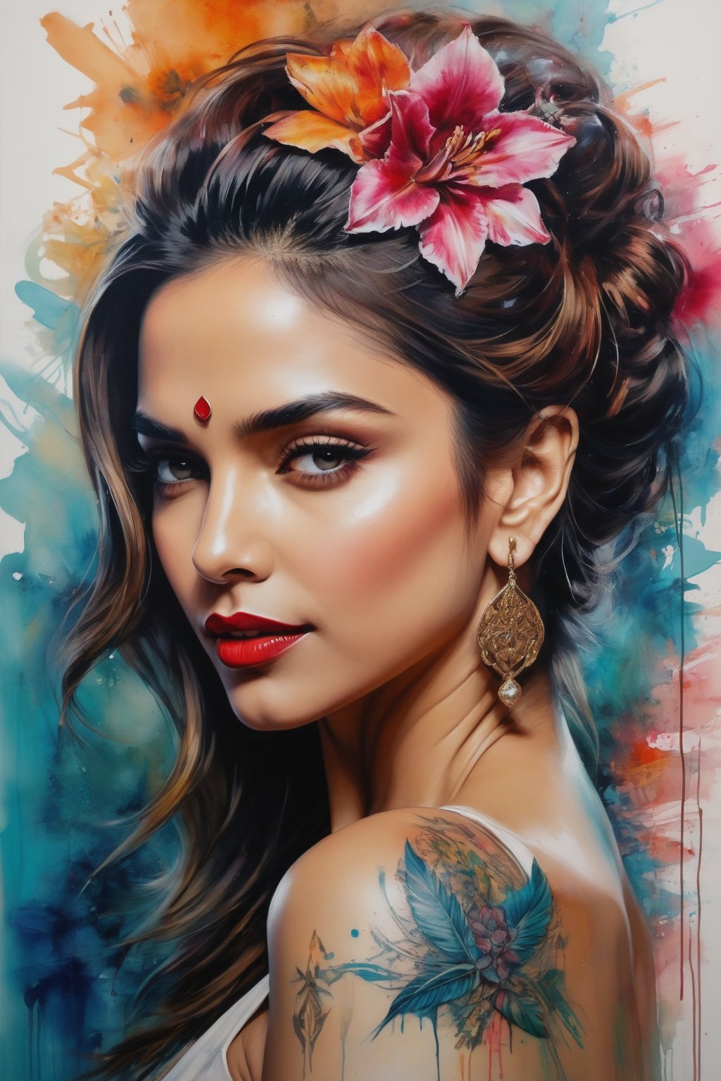 painting of Deepika Padukone, Carne Griffiths style, featuring vintage tattoo elements and lipstick, set against a complex background that invokes the charm of ancient art, her vintage hairstyle meticulously rendered, oil painting, masterpiece with vivid colors, highly detailed, best quality, ultra-realistic