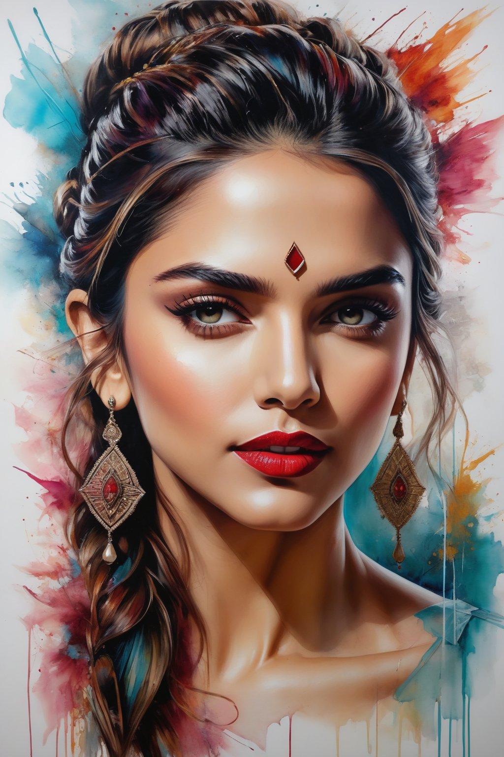 painting of Deepika Padukone, Carne Griffiths style, featuring vintage tattoo elements and lipstick, set against a complex background that invokes the charm of ancient art, her vintage hairstyle meticulously rendered, oil painting, masterpiece with vivid colors, highly detailed, best quality, ultra-realistic