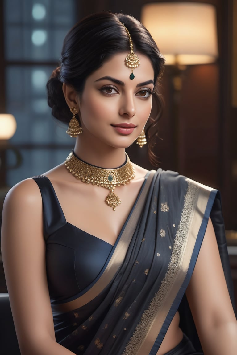 Vertical portrait of a stunning Indian woman in her 40s, donning a Trendsetter wolf cut black hair and a choker belt, exuding modern elegance. She sits confidently in a luxurious office, surrounded by sleek, high-tech gadgets. Her formal saree is draped elegantly around her curvy figure, accentuating her impressive 36D bust. Her fair skin glows with a subtle fairy tone, illuminating her determined expression. A flirty gaze, reminiscent of Anne Hathaway's, meets the viewer's eyes, inviting closer inspection. The camera captures every detail, from the intricate saree folds to the delicate curves of her wolf-cut hair, in a hyper-realistic digital art piece that's sure to trend on ArtStation.