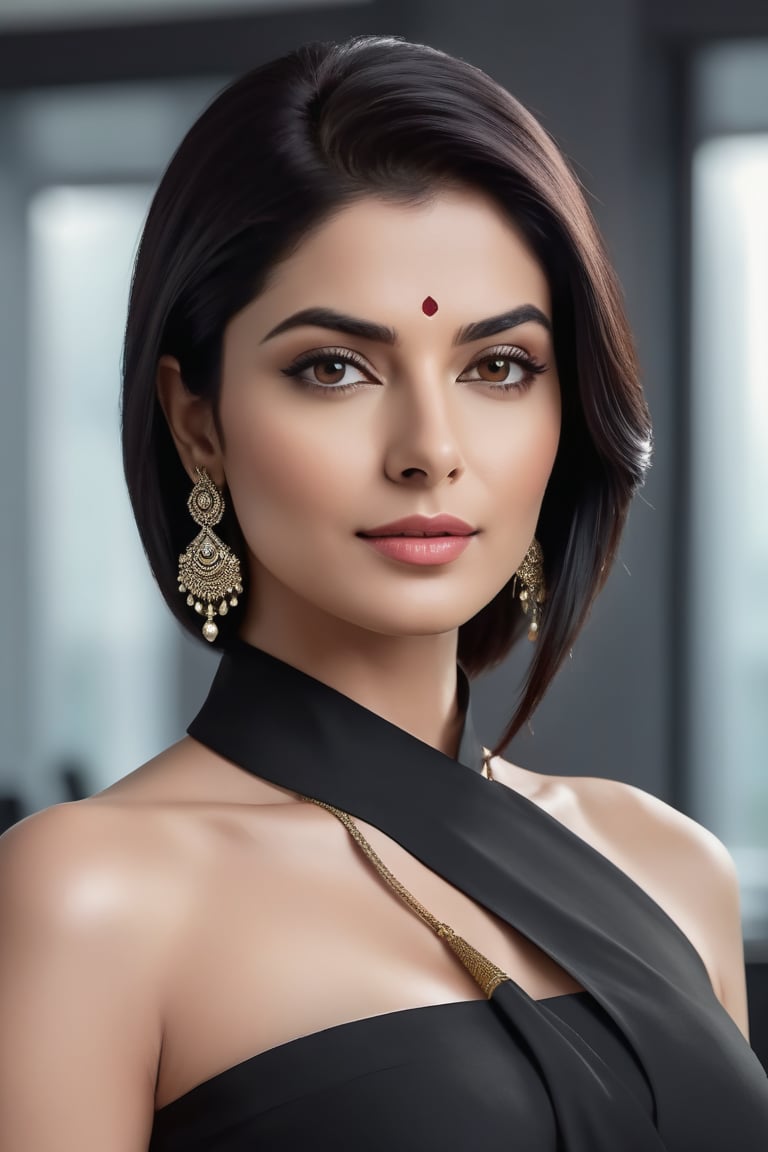 create a hyper realistic vertical photo of Indian most attractive woman in her 40s, choker belt, Trendsetter wolf cut black hair, trending on artstation, portrait, digital art, modern, sleek, highly detailed, formal, determined, wearing saree, in luxurious office, 36D , fairy tone, fair skin, flirty gaze, anne hathway