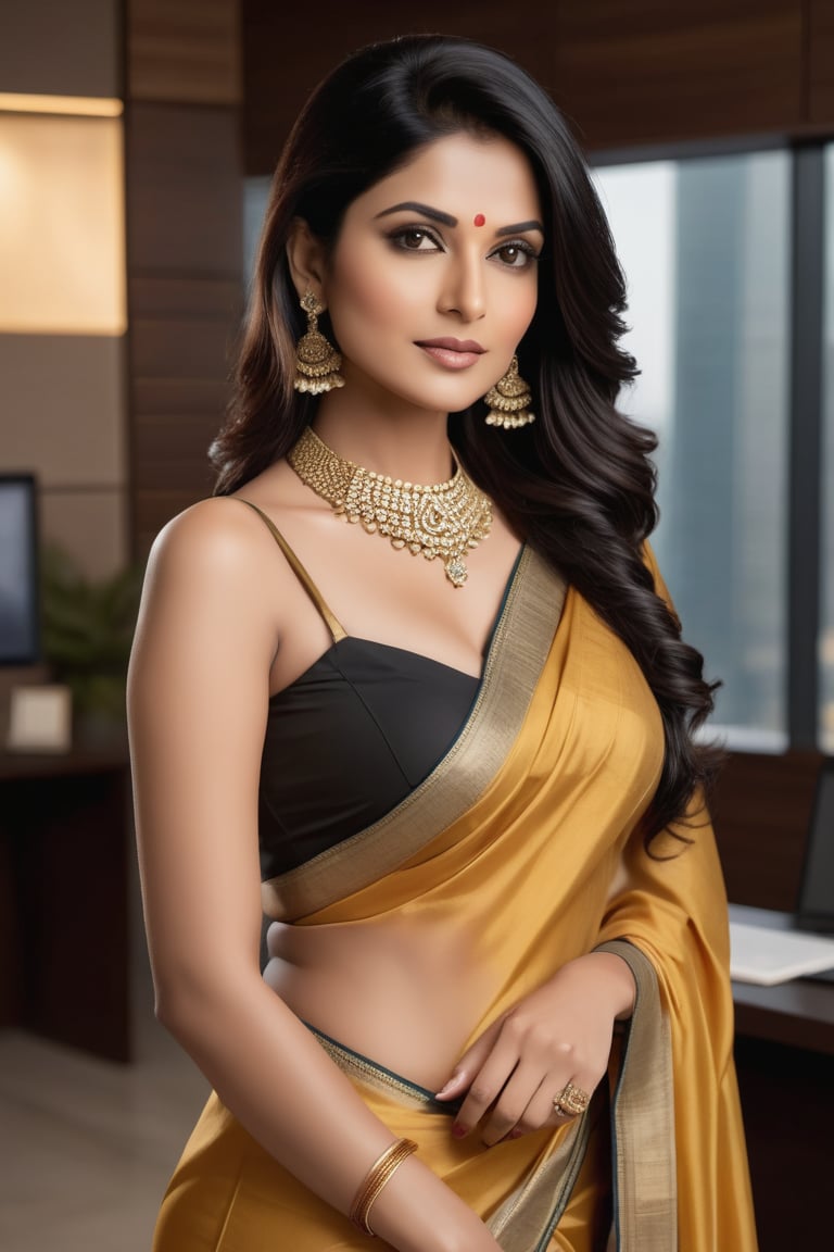 Here's a prompt for a hyper-realistic vertical photo:

A stunning Indian woman in her 40s, with Trendsetter wolf cut black hair and piercing brown eyes, stands confidently against a sleek, modern office backdrop. She wears a luxurious golden saree that perfectly complements her fair skin and fairy tone complexion. A choker belt accentuates her neck, while her determined expression exudes confidence. Her 36D bust is elegantly framed by the saree's folds. With a flirty gaze, she appears to be on top of the world, surrounded by high-end office decor. The lighting is dramatic and sophisticated, highlighting every detail of this stunning woman's face and figure.