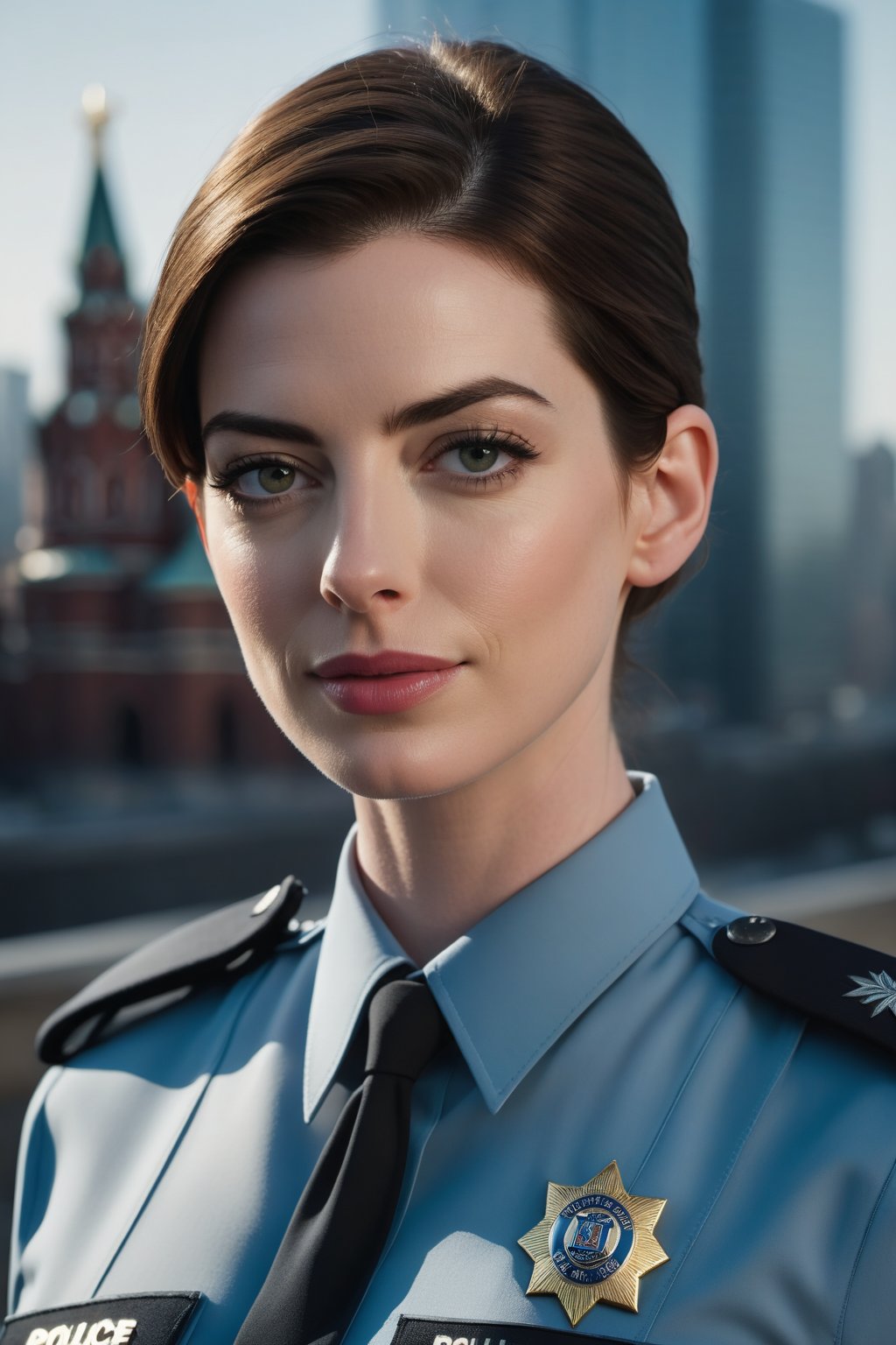 Anne Hathaway as a Russian female police officer poses confidently in front of a subtle cityscape backdrop. Soft, sharp light wraps around her face and body, accentuating the definition of her C-cup breasts and toned buttocks. Her eyes, perfectly symmetrical and expressive, seem to pierce through the lens. The Fujifilm XT3 captures every detail with high-quality, 8K HDR precision, rendering a cinematic scene with film grain texture, high contrast, and breathtaking beauty.