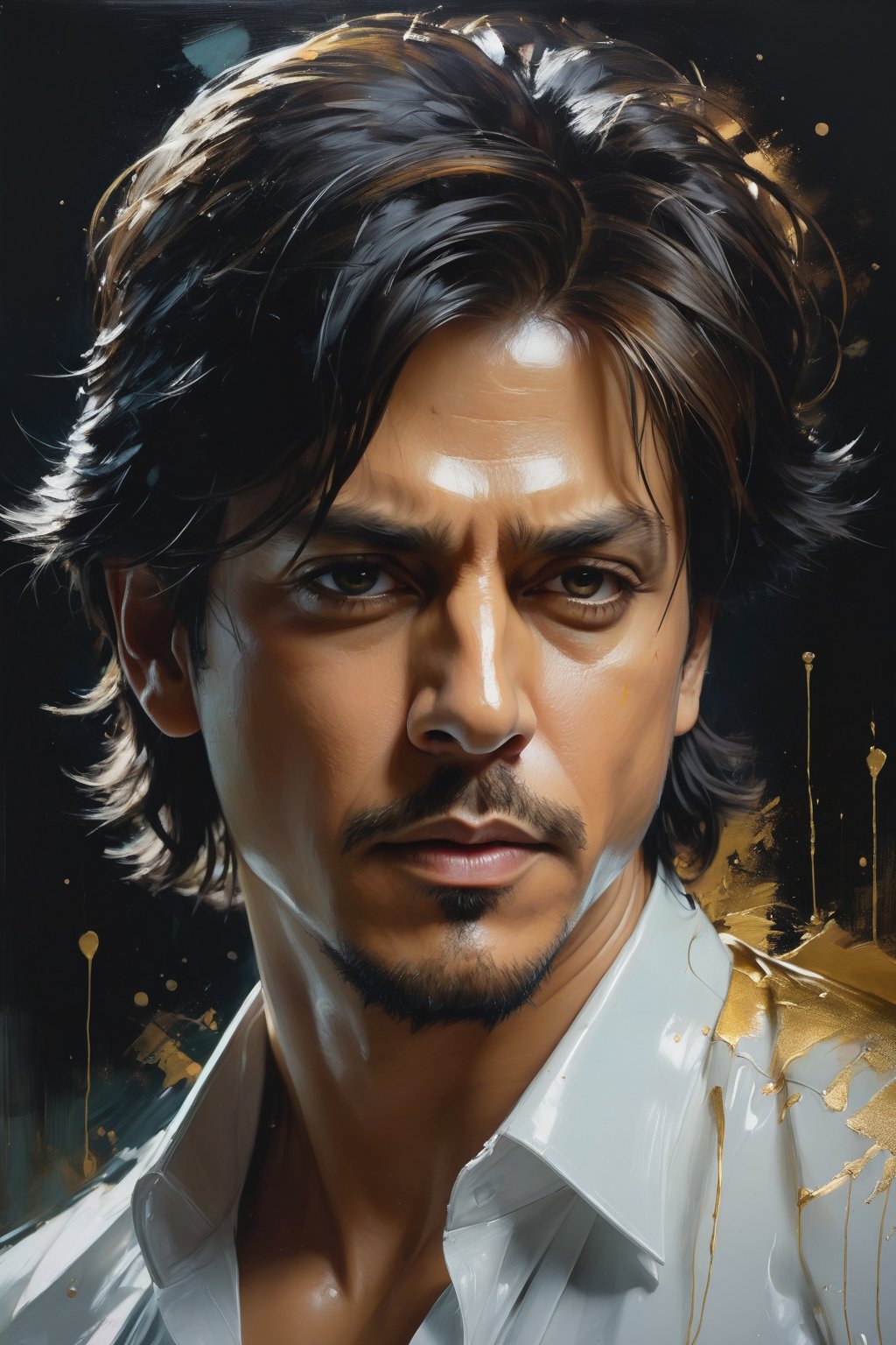 Sharp focus captures Sharukh Khan's stunning features as he stands confidently, medium-long fuzzy hair framing his chiseled face. Perfectly symmetric eyes radiate determination beneath heavy brows. A breathtaking oil painting by Jeremy Mann, Carne Griffiths, and Robert Oxley combines rich, deep colors with layered shading, evoking the golden ratio. Volumetric lighting accentuates every contour of this masterpiece. Dripping paint adds texture to the award-winning portrait, trending on ArtStation.