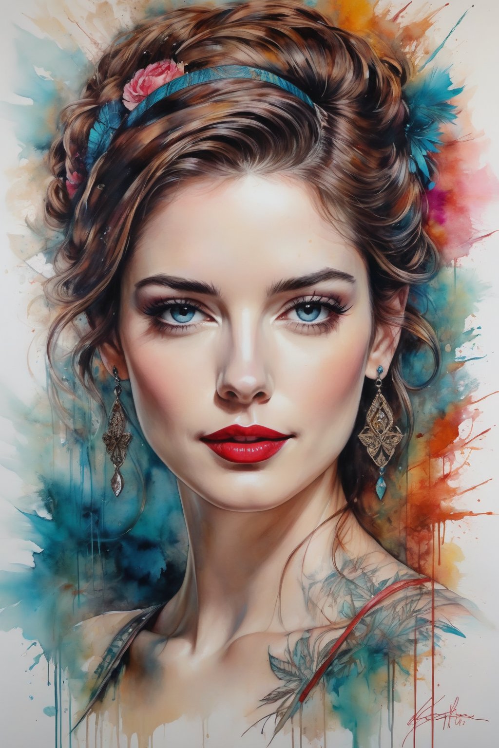 painting of Anne hathway, Carne Griffiths style, featuring vintage tattoo elements and lipstick, set against a complex background that invokes the charm of ancient art, her vintage hairstyle meticulously rendered, oil painting, masterpiece with vivid colors, highly detailed, best quality, ultra-realistic