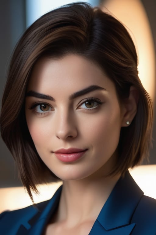 Here is a prompt for a hyper-realistic vertical photo:

A stunning Indian woman in her 30s, reminiscent of Anne Hathaway, sits confidently with a trendy wolf-cut brown hairdo, popular on ArtStation. She wears a sleek, modern blue business suit, exuding determination and poise. Her perfectly symmetrical eyes sparkle under soft, natural light, casting a subtle glow on her smooth skin texture. The high-contrast, cinematic lighting accentuates the subject's facial features, as if captured with an 8K HDR DSLR camera like the Fujifilm XT3. A hint of film grain adds depth and texture to this highly detailed, formal portrait.