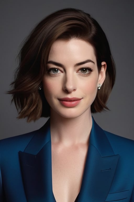 A stunning vertical portrait of Anne Hathaway-inspired beauty, radiating confidence and sophistication. The subject's Trendsetter wolf-cut brown hair falls in effortless layers, framing her determined gaze. She wears a sleek blue business suit, accentuating her toned physique. Her eyes, a perfect symmetrical blend of warm and cool tones, sparkle with modern elegance. Natural skin texture and subtle highlights evoke a sense of softness beneath the surface. Soft, cinematic lighting illuminates her features, while high-contrast shadows add depth to the overall image. Shot on Fujifilm XT3, this 8K HDR portrait boasts film-like grain, capturing every detail in breathtaking hyperrealism.