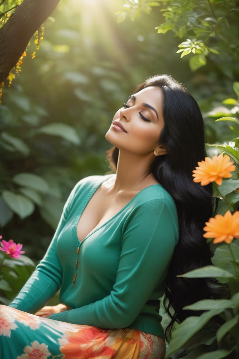 A serene and intimate portrait of a lovely Indian woman in her mid-30s. She sits amidst lush verdant foliage, surrounded by vibrant flowers and towering trees, the warm sunlight casting a soft glow on her porcelain skin. Her long black hair cascades down her back like a waterfall, framing her heart-shaped face. The green sweater she wears complements the natural hues of the garden, accentuating her curvy figure as she gazes serenely into the distance.