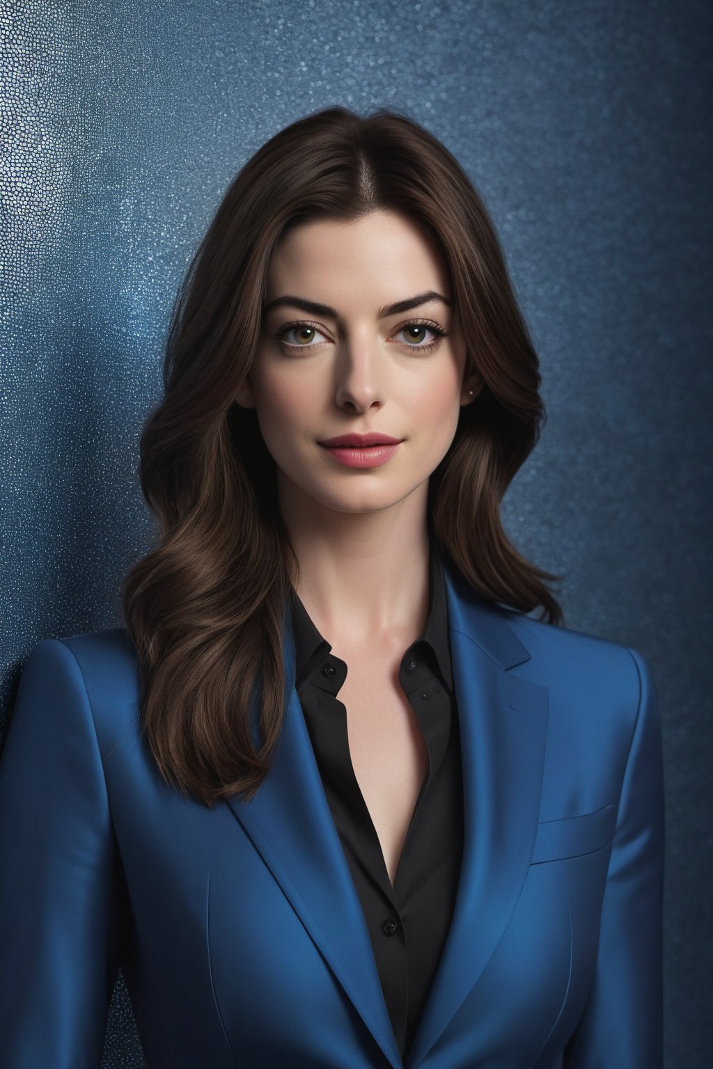 Create a hyper-realistic vertical photo mosaic of Anne Hathaway styled as the most attractive Indian woman in her 30s. She should have a trendy wolf cut with brown hair, and be portrayed as a trendsetter. The image should be a highly detailed, formal portrait, showcasing her determined expression in a blue business suit. Ensure perfect symmetric eyes and natural skin texture. Emphasize hyperrealism with soft light, sharp focus, high contrast, and cinematic lighting. The image should be of high quality, captured in 8k HDR with a DSLR, featuring film grain akin to a Fujifilm XT3. It should be trending on ArtStation, embodying modern, sleek digital art.