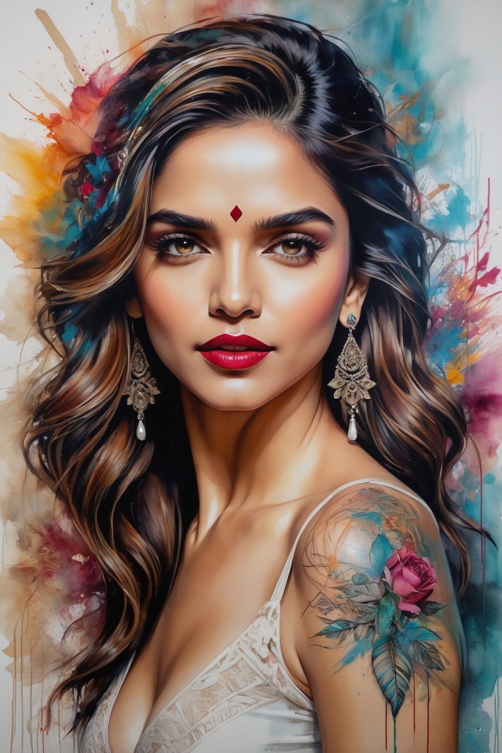 painting of Deepika Padukone, Carne Griffiths style, featuring vintage tattoo elements and lipstick, set against a complex background that invokes the charm of ancient art, her vintage hairstyle meticulously rendered, oil painting, masterpiece with vivid colors, highly detailed, best quality, ultra-realistic