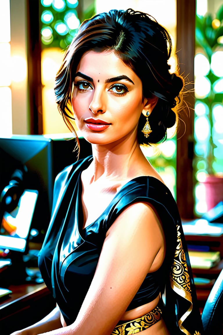 a breathtakingly beautiful woman from Indian, flirty gaze, naked, messy hair, perfect symmetric eyes, natural skin texture, wearing saree, Trendsetter wolf cut black hair, trending on artstation, portrait, digital art, modern, sleek, highly detailed, formal, determined,in luxurious office, 36D , fairy tone, fair skin, flirty gaze, anne hathway, soft light, sharp, 8k hdr, dslr, high contrast, cinematic lighting, high quality, film grain, Fujifilm XT3