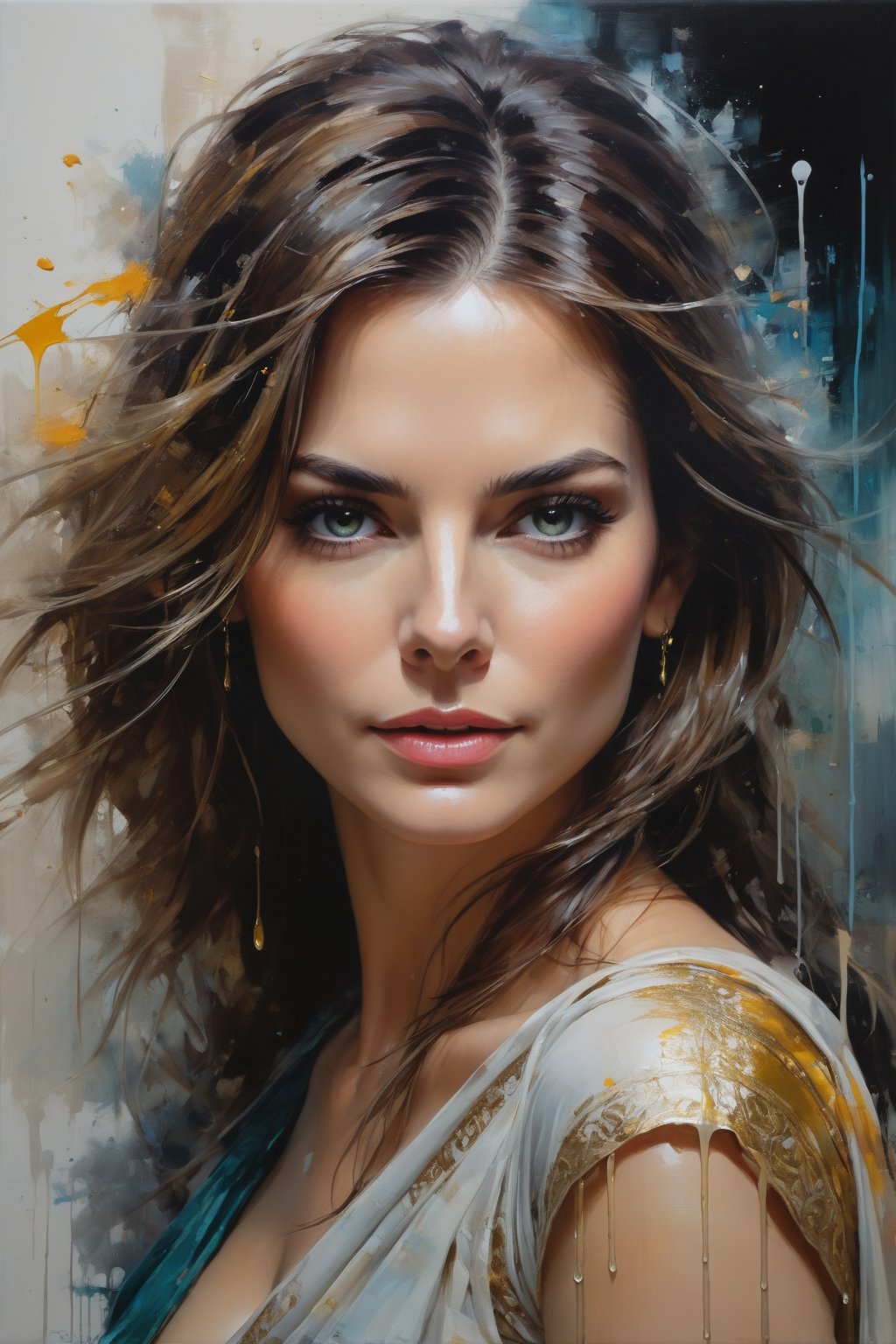 oil painting, heavy brushstrokes, paint drips, a breathtaking portrait of a Mozart, female, Saree, Sandra Bullock, action pose, medium long fuzzy hair, perfect symmetric eyes, gorgeous face, by Jeremy Mann, Carne Griffiths, Robert Oxley, rich, deep colors,layered image shaded by cells, golden ratio, award winning, professional,highly detailed, intricate, volumetric lighting, gorgeous, masterpiece, sharp focus, depth of field, perfect composition, award winner, artstation, acrylic painting, 