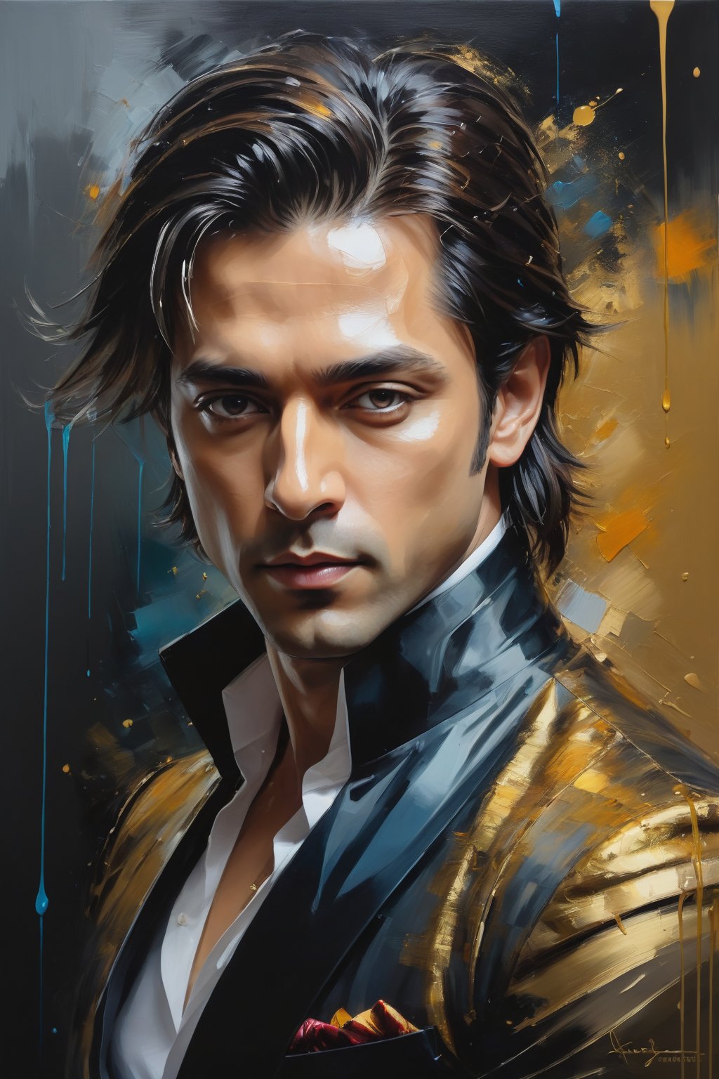 oil painting, heavy brushstrokes, paint drips, a breathtaking portrait of a Mozart, Male, Sharukh Khan, action pose, medium long fuzzy hair, perfect symmetric eyes,gorgeous face, by Jeremy Mann, Carne Griffiths, Robert Oxley, rich, deep colors,layered image shaded by cells, golden ratio, award winning, professional,highly detailed, intricate, volumetric lighting, gorgeous, masterpiece, sharp focus, depth of field, perfect composition, award winner, artstation, acrylic painting create a hyper realistic vertical photo of Indian most attractive man in his 40s, trending on artstation, portrait, digital art, modern, sleek, highly detailed, formal, determined, 