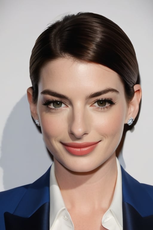 Here's a prompt for an SD model:

A stunning portrait of Anne Hathaway, dressed in a sleek blue business suit, her trendy wolf-cut brown hair styled to perfection. Her eyes are perfectly symmetrical, shining bright with determination. Soft light illuminates her natural skin texture, giving off a subtle glow. The camera captures every detail, from the delicate curves of her nose to the subtle definition of her eyebrows. Framed within a clean white border, the subject takes center stage in this hyper-realistic vertical photo. Shot on a high-end DSLR with an 8K HDR sensor, the image boasts exceptional sharpness and high contrast, giving it a cinematic feel. The subtle film grain adds to its authenticity, making it a true work of art. Capture Anne Hathaway's radiant smile and captivating gaze in this modern masterpiece.