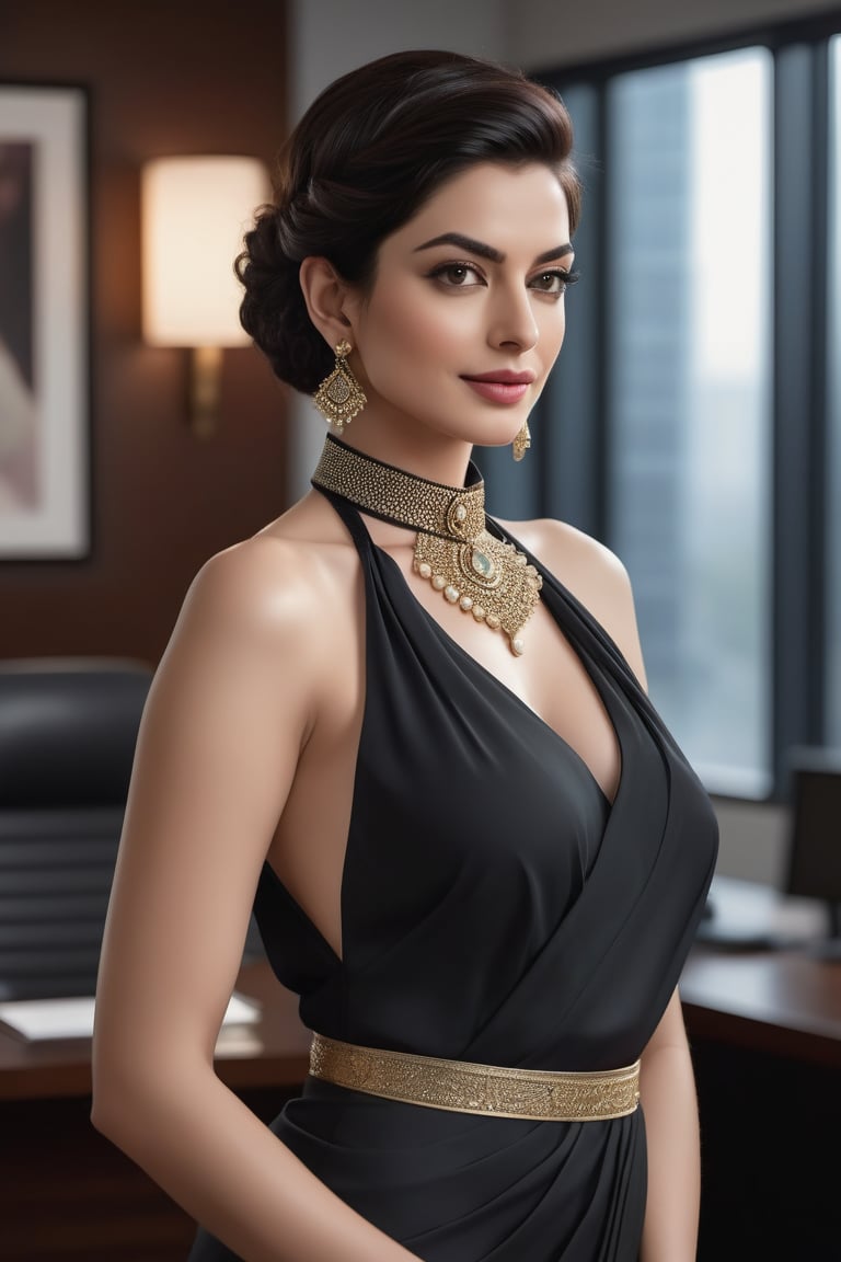 Vertical hyper-realistic portrait of a stunning Indian woman in her 40s, adorned with a choker belt, flaunting a striking wolf cut black hairdo, trending on ArtStation. She poses confidently in a luxurious office setting, donning a elegant saree that accentuates her curvaceous figure (36D). Her fair skin glows under the soft fairy tone lighting, and her determined gaze exudes a flirty charm reminiscent of Anne Hathaway. The sleek, modern composition draws attention to her flawless features, creating an unforgettable visual masterpiece.