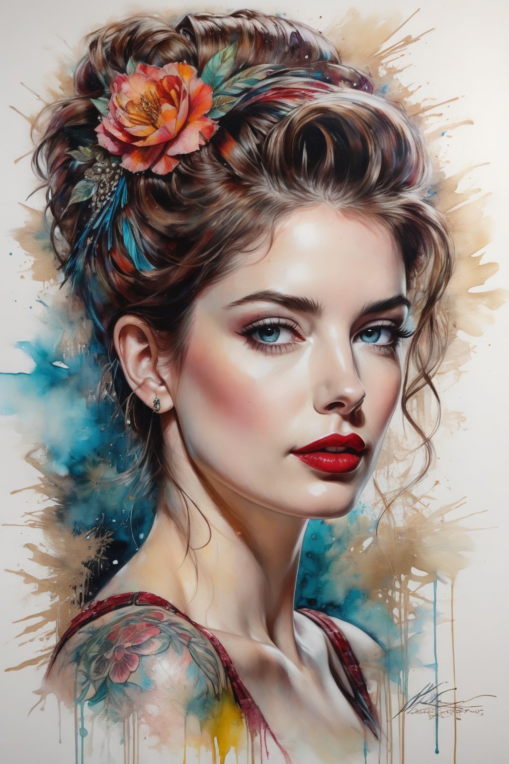 painting of Anne hathway, Carne Griffiths style, featuring vintage tattoo elements and lipstick, set against a complex background that invokes the charm of ancient art, her vintage hairstyle meticulously rendered, oil painting, masterpiece with vivid colors, highly detailed, best quality, ultra-realistic