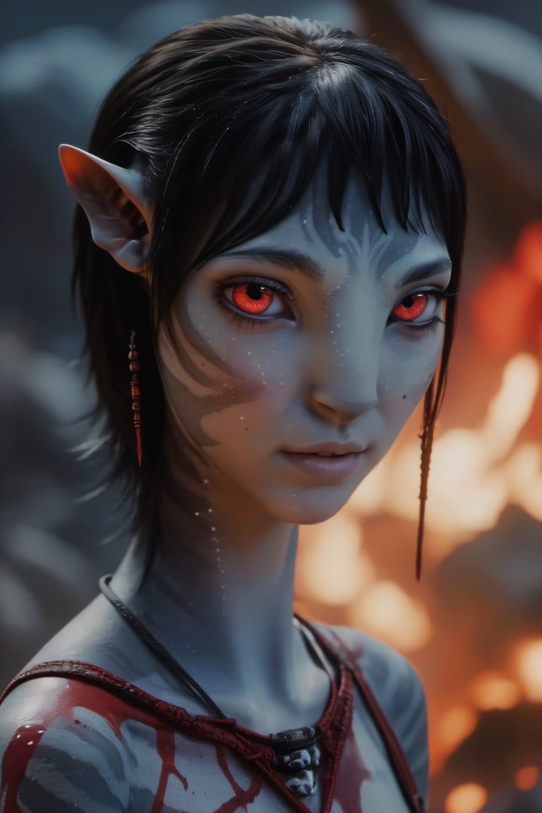 Na'vi, twenty years old female, japanese, ((ash gray skin)), (white skin), gray palette, ((black hair)), ((pixie cut hair)), messy hair, ((bloody red eyes)), skin full of ((scales)), stern face, ((pointy fangs)), full of red painted stripes, wearing (bones) as acessories, wearing tribal clothing, beautiful na'vi, action scene, close-up view, profile view, realistic_eyes, hyper_realistic, extreme details, HDR, 4k quality, perfect quality, perfect image, HD quality, movie scene, Read description, ADD MORE DETAIL,vulcanic land background, cave with bonfires background