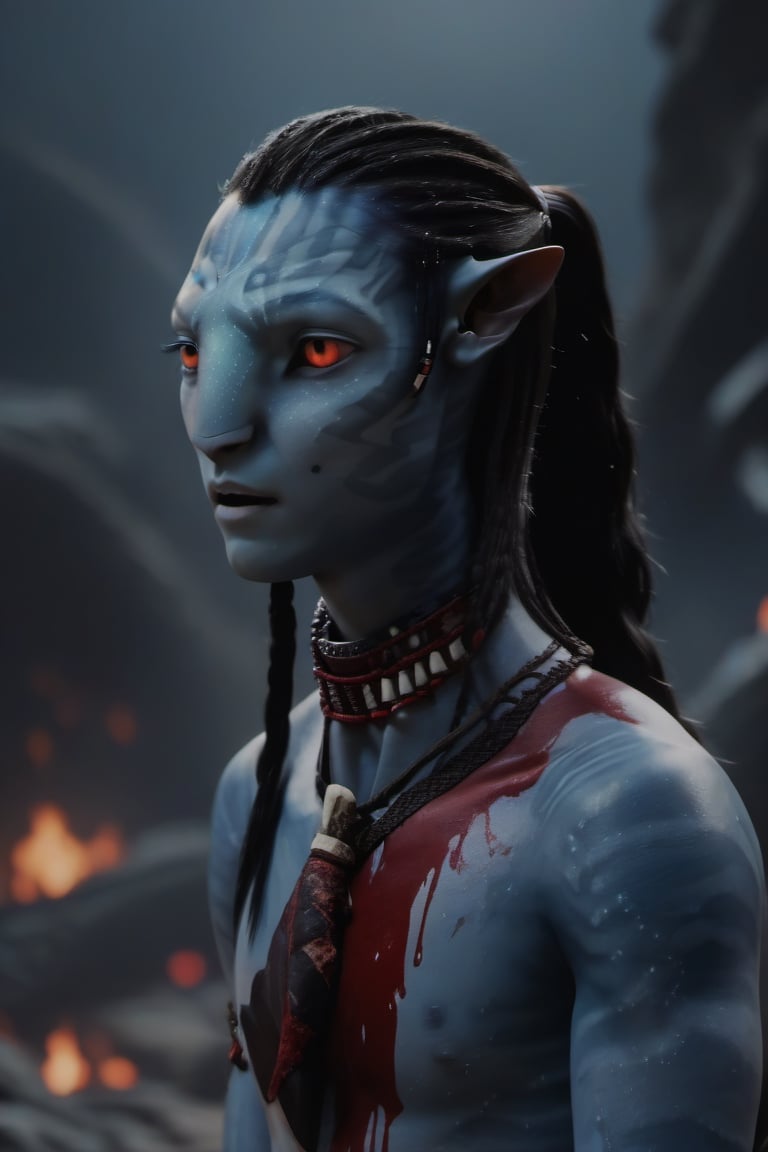 Na'vi, twenty years old male, japanese, ((ash gray skin)), (white skin), gray palette, ((black hair)), ((long hair in a ponytail)), messy hair, ((bloody red eyes)), skin full of ((scales)), stern face, ((pointy fangs)), full of red painted stripes, wearing (bones) as acessories, wearing tribal clothing, beautiful na'vi, action scene, close-up view, profile view, realistic_eyes, hyper_realistic, extreme details, HDR, 4k quality, perfect quality, perfect image, HD quality, movie scene, Read description, ADD MORE DETAIL,vulcanic land background, cave with bonfires background