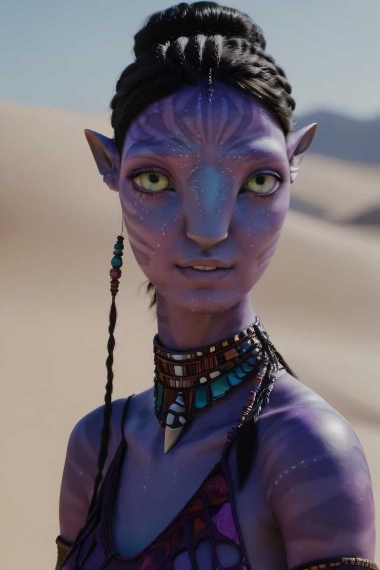 twenty years old female na'vi, (arab woman:1.3), (purple skin color:1.5), violet palette, ((black hair)), (pixie cut hair:1.2), messy hair, ((green eyes)), skin full of ((scales)), ((stripes made of scales)), stern face, ((pointy fangs)), full of purple stripes, wearing (bones) as acessories, wearing flowy desert clothing, wearing a turban, beautiful na'vi, action scene, close-up face view, ((profile view)), realistic_eyes, hyper_realistic, extreme details, HDR, 4k quality, perfect quality, perfect image, HD quality, movie scene, Read description, ADD MORE DETAIL, desert dunes land background