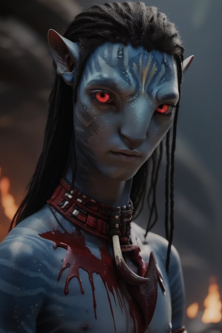 Na'vi, eighteen year old male, iñaki godoy, ((ash gray skin)), (white skin), gray palette, ((black hair)), ((short hair)), messy hair, ((bloody red eyes)), skin full of ((scales)), stern face, ((pointy fangs)), full of red painted stripes, wearing (bones) as acessories, wearing tribal clothing, beautiful na'vi, action scene, close-up view, profile view, realistic_eyes, hyper_realistic, extreme details, HDR, 4k quality, perfect quality, perfect image, HD quality, movie scene, Read description, ADD MORE DETAIL,vulcanic land background, cave with bonfires background