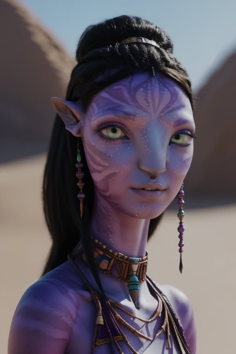 twenty years old female na'vi, (arab woman:1.3), (purple skin color:1.5), violet palette, ((black hair)), (pixie cut hair:1.2), messy hair, ((green eyes)), skin full of ((scales)), ((stripes made of scales)), stern face, ((pointy fangs)), full of purple stripes, wearing (bones) as acessories, (wearing flowy desert clothing), wearing a turban, beautiful na'vi, action scene, close-up face view, ((profile view)), realistic_eyes, hyper_realistic, extreme details, HDR, 4k quality, perfect quality, perfect image, HD quality, movie scene, Read description, ADD MORE DETAIL, desert dunes land background