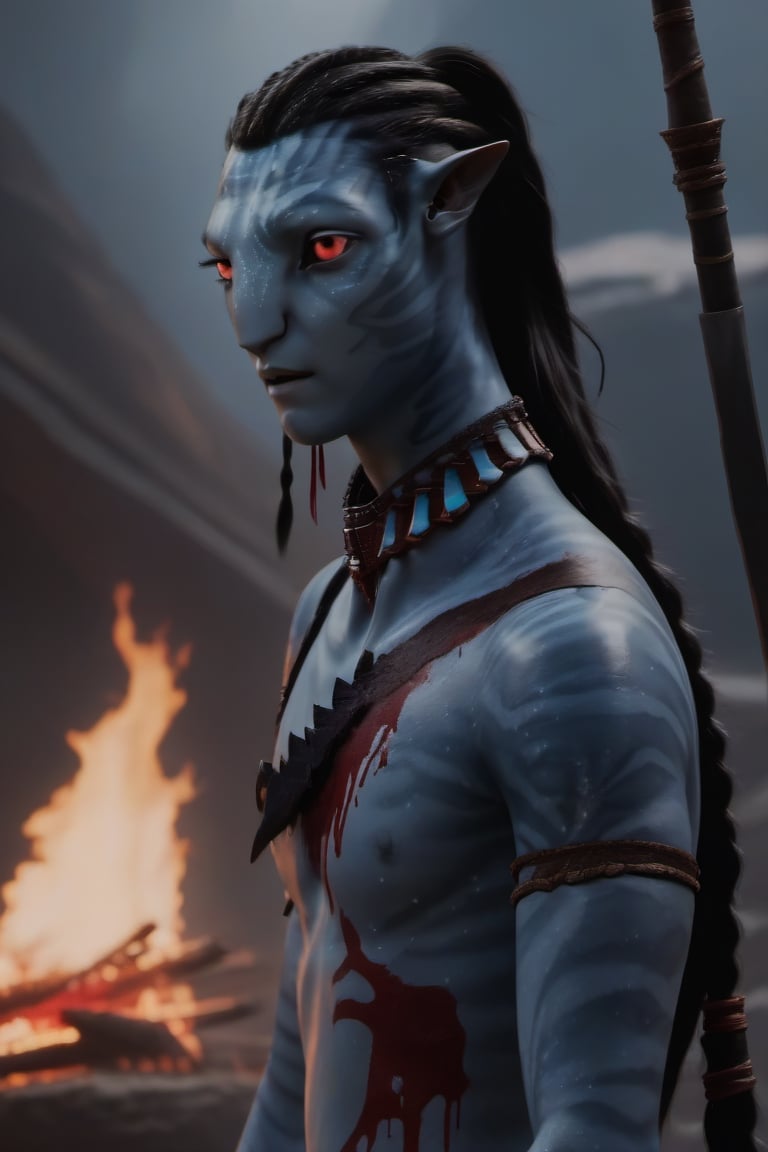 Na'vi, twenty years old male, mackneyu, ((ash gray skin)), (white skin), gray palette, ((black hair)), ((long hair in a ponytail)), messy hair, ((bloody red eyes)), skin full of ((scales)), stern face, ((pointy fangs)), full of red painted stripes, wearing (bones) as acessories, wearing tribal clothing, beautiful na'vi, action scene, close-up view, profile view, realistic_eyes, hyper_realistic, extreme details, HDR, 4k quality, perfect quality, perfect image, HD quality, movie scene, Read description, ADD MORE DETAIL,vulcanic land background, cave with bonfires background