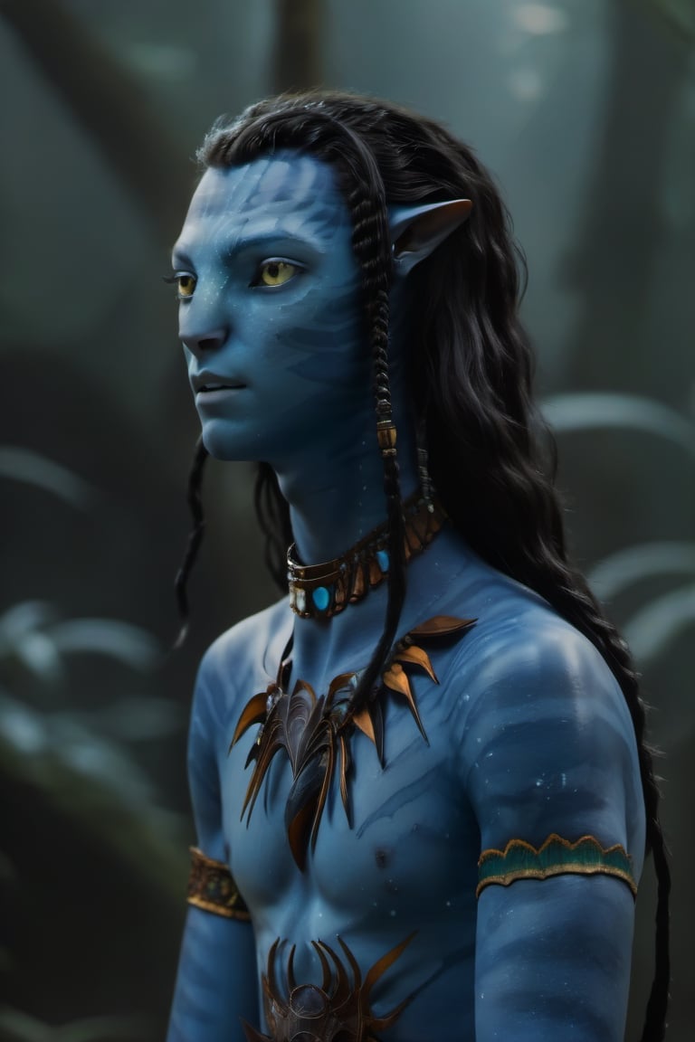 twenty year old male na'vi, omaticaya na'vi, miles "spider" socorro, ((blue skin)), blue palette, ((black hair)), ((shoulder lenght curly hair)), messy hair, ((golden eyes)), eyebrows, skin full of ((scales)), ((pointy fangs)), wearing tribal clothing, beautiful na'vi, action scene, close-up face view, ((profile view)), realistic_eyes, hyper_realistic, extreme details, HDR, 4k quality, perfect quality, perfect image, HD quality, movie scene, Read description, ADD MORE DETAIL, glowing forest background