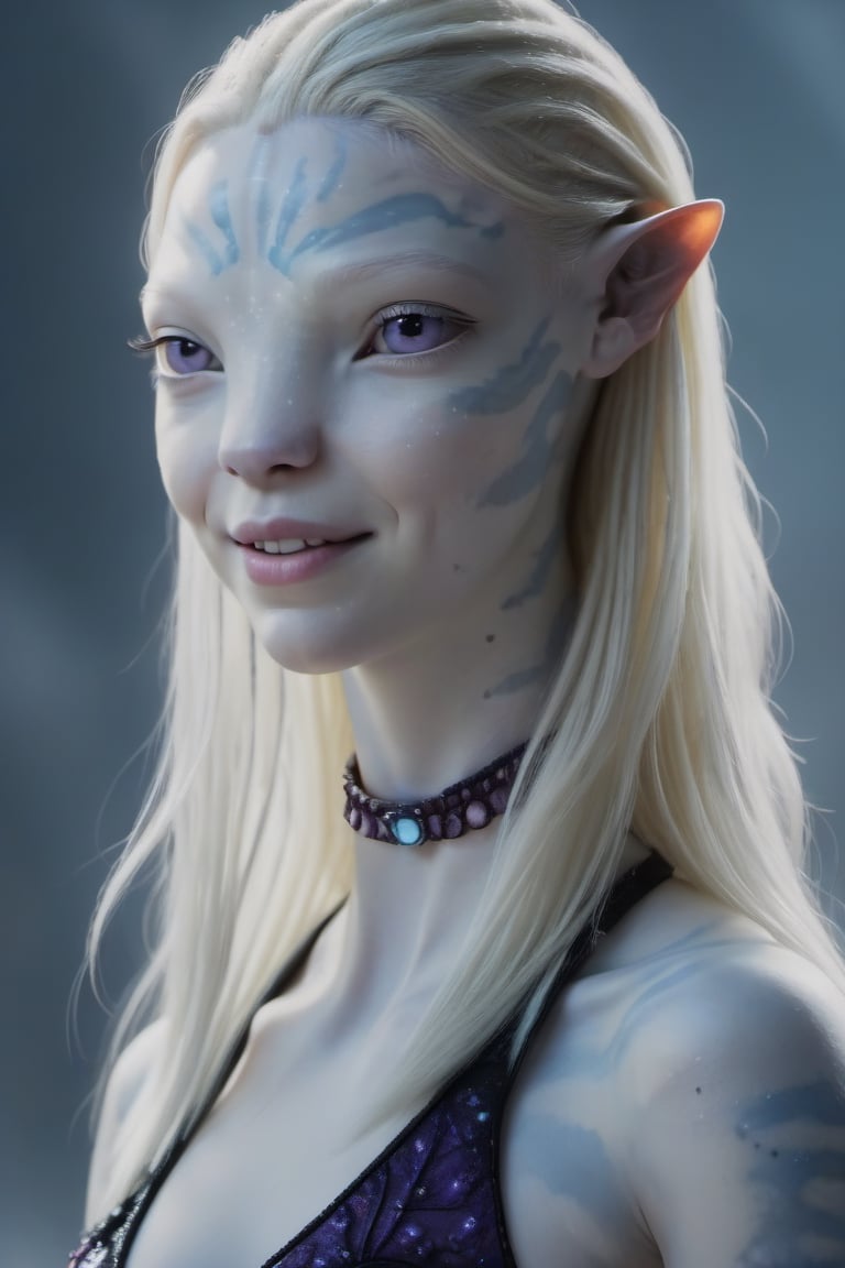(Anya Taylor-Joy) as an albino Na'vi, female, ((white skin)), ((albinism)), ((black hair with white streaks)), (long straight hair), (purple colored eyes), pale (barely visible) stripes, white color palette, smiling, pointy teeth, beautiful na'vi, action scene, portrait view, profile view, realistic_eyes, hyper_realistic, extreme details, HDR, 4k quality, perfect quality, perfect image, HD quality, movie scene, Read description, ADD MORE DETAIL