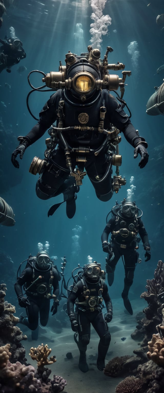Cinematic scene, a group of deep sea divers, dressed in black and wielding steampunk arpoons weapons, underwater scene, detailed background, masterpiece, best quality, high quality, highres, absurdres, helmets on, steampunk